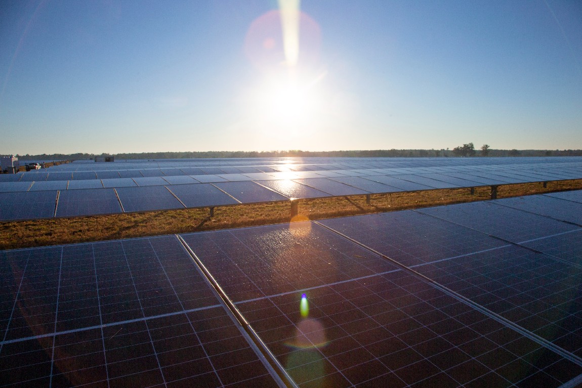 A large solar array with the sun shining on it.